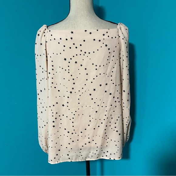 Ann Taylor L Light Pink Black Star Print V-Neck Long Puff Sleeve Blouse - Picture 4 of 5